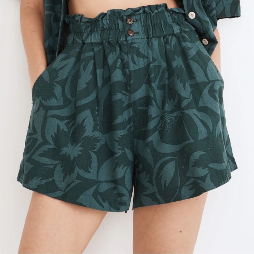 Madewell Green Linen Blend Tropical Floral High Waisted Paper Bag Shorts